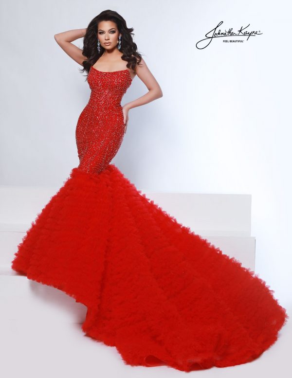 Strapless red pageant gown with full crystal embellishments and dramatic ruffled mermaid skirt. Perfect for high-fashion pageants, red carpet, homecoming court, couture pageant crossover look.